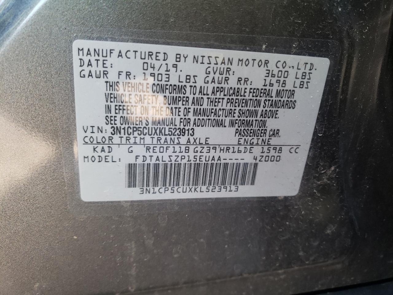 Photo 10 from auction – 2019 NISSAN KICKS S with VIN 3N1CP5CUXKL523913
