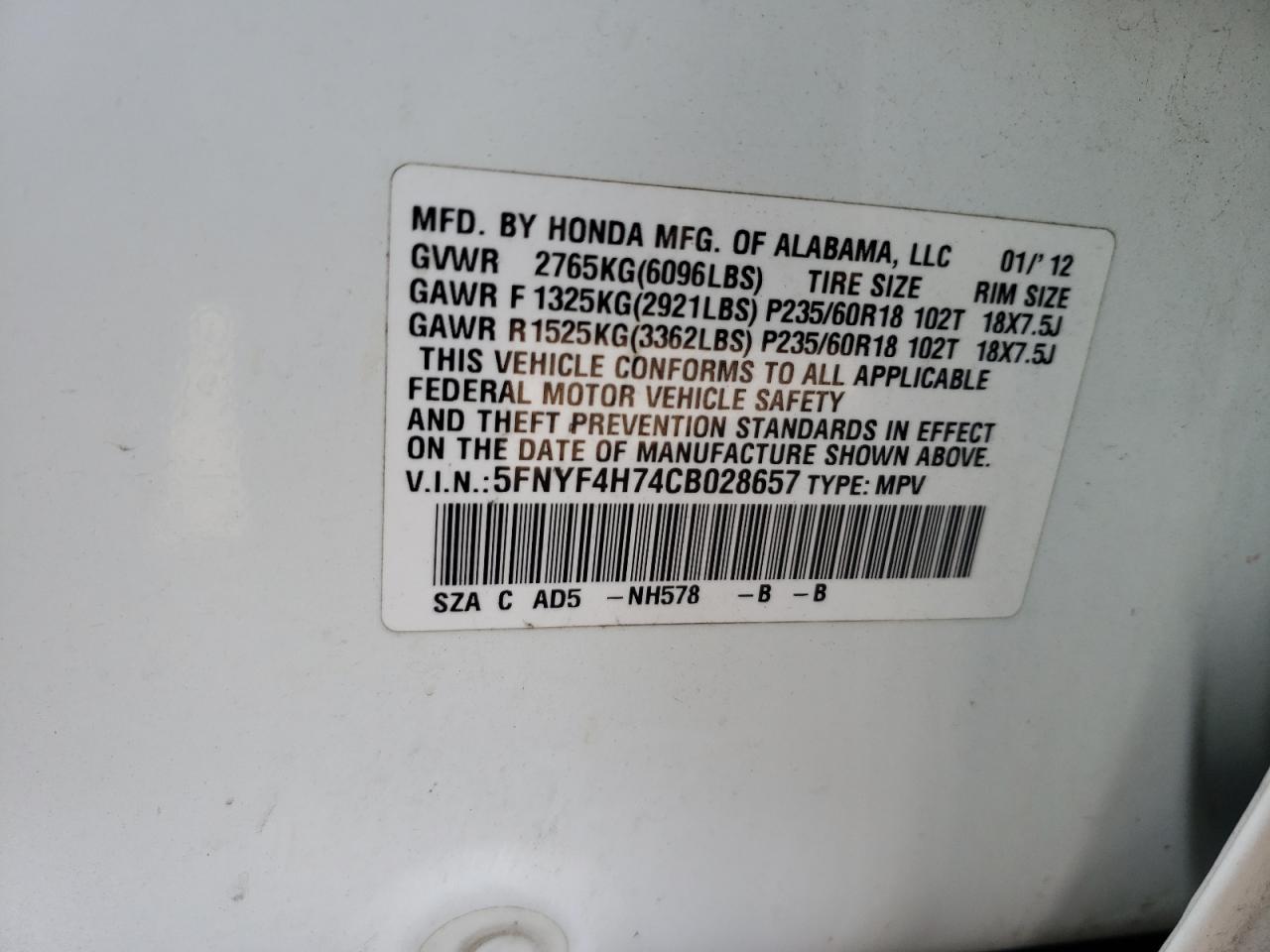 Photo 10 from auction – 2012 HONDA PILOT EXLN with VIN 5FNYF4H74CB028657