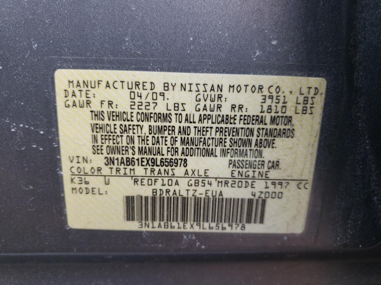 Photo 10 from auction – 2009 NISSAN SENTRA 2.0 with VIN 3N1AB61EX9L656978