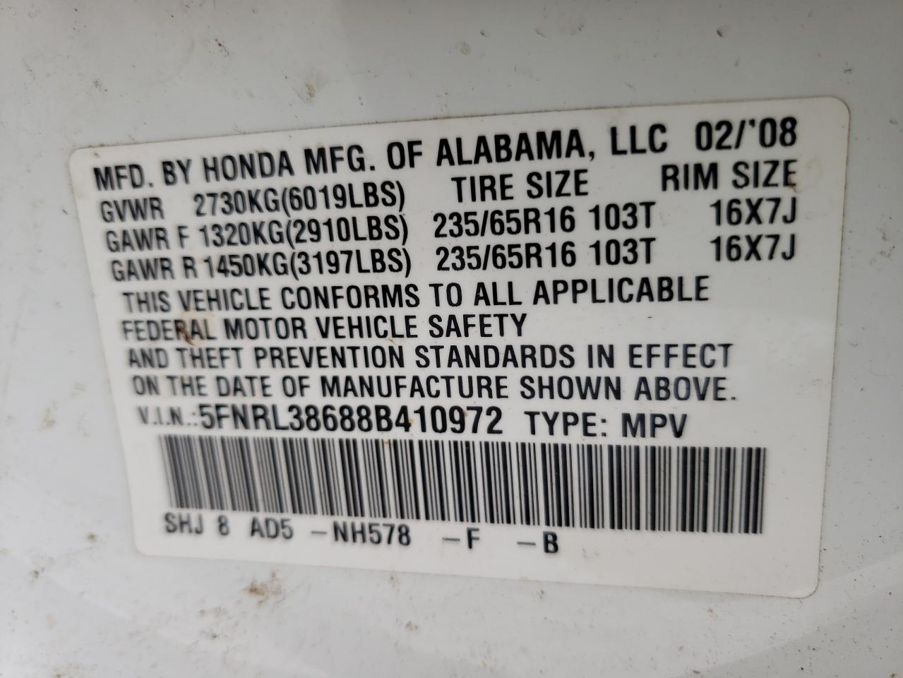 Photo 10 from auction – 2008 HONDA ODYSSEY EX with VIN 5FNRL38688B410972