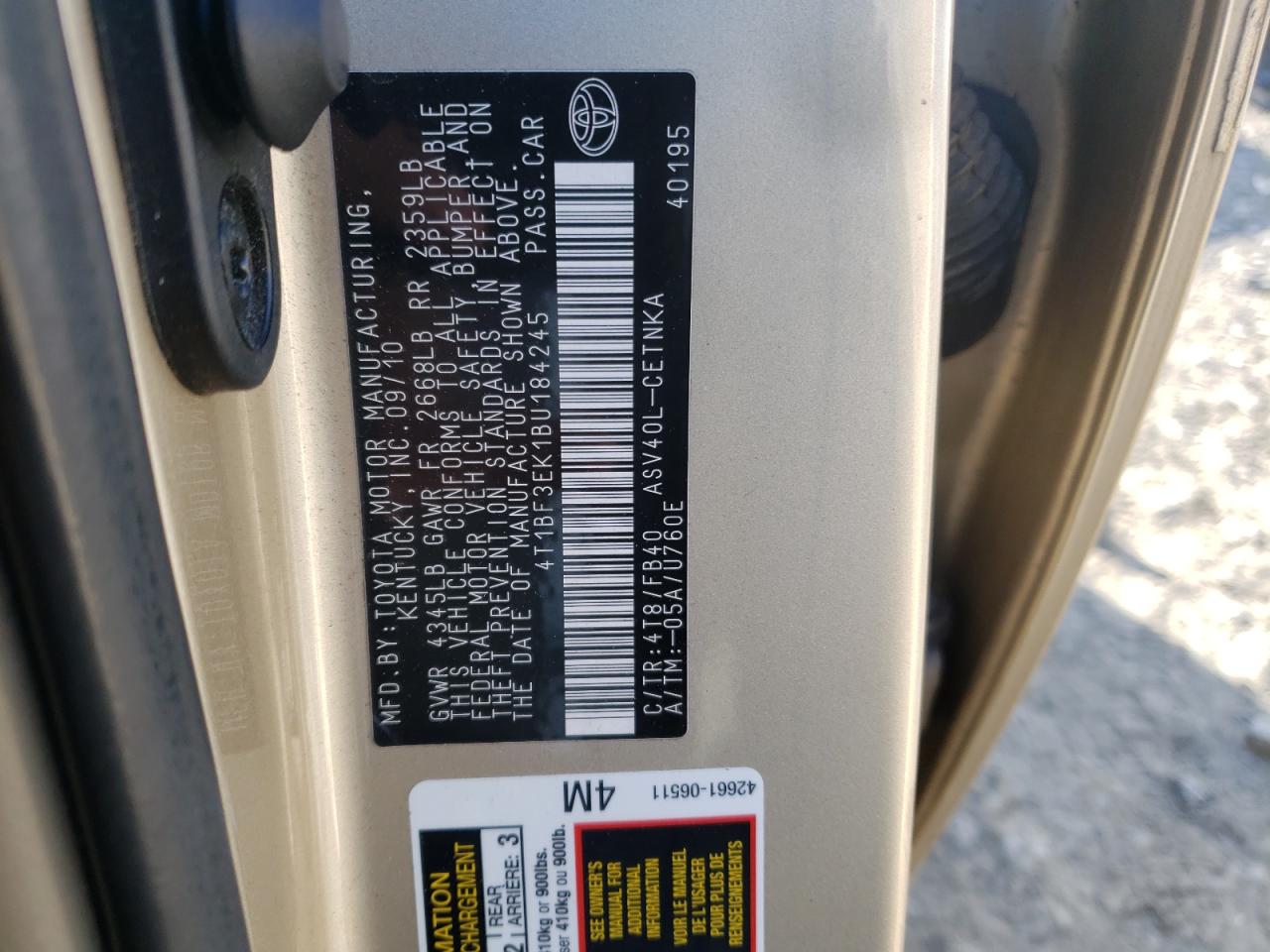 Photo 10 from auction – 2011 TOYOTA CAMRY BASE with VIN 4T1BF3EK1BU184245