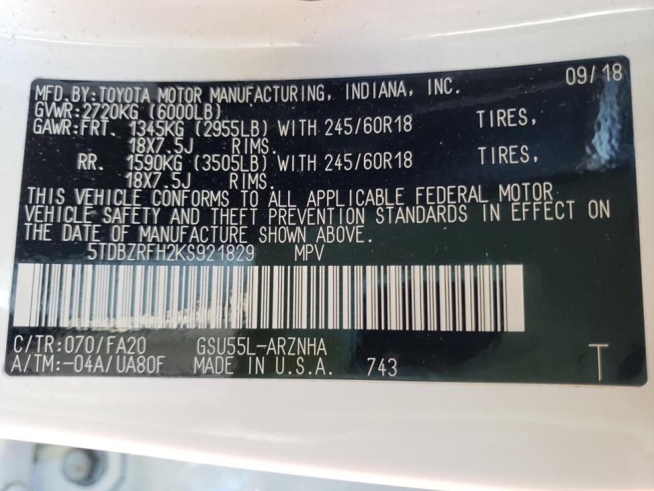 Photo 10 from auction – 2019 TOYOTA HIGHLANDER with VIN 5TDBZRFH2KS921829