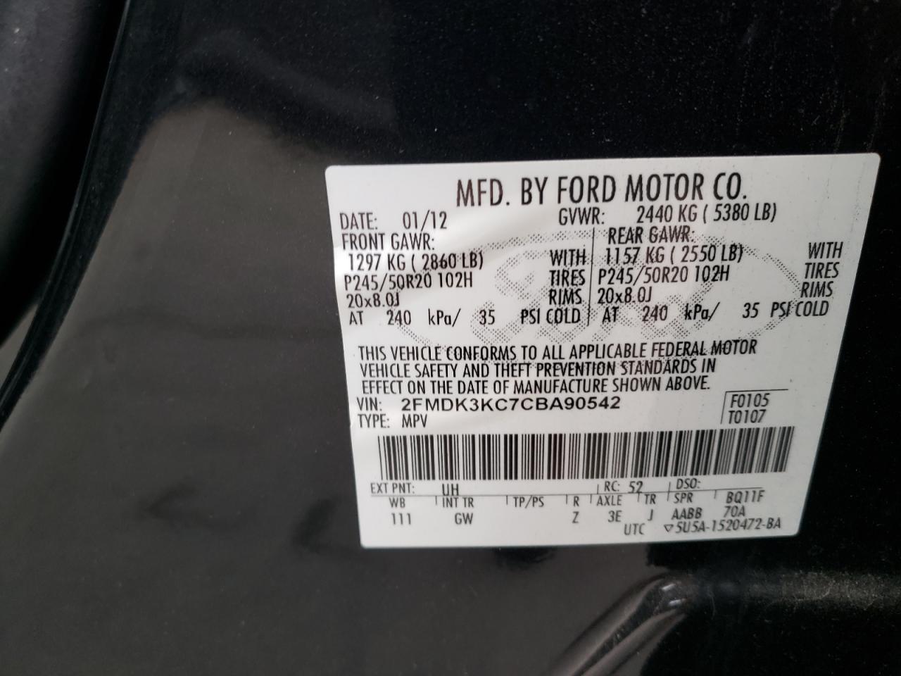 Photo 10 from auction – 2012 FORD EDGE LIMIT with VIN 2FMDK3KC7CBA90542
