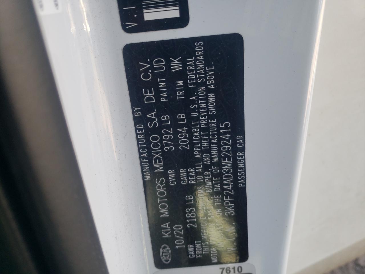 Photo 10 from auction – 2021 KIA FORTE FE with VIN 3KPF24AD3ME292415