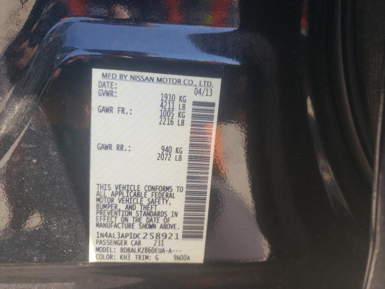 Photo 10 from auction – 2013 NISSAN ALTIMA 2.5 with VIN 1N4AL3AP1DC258921