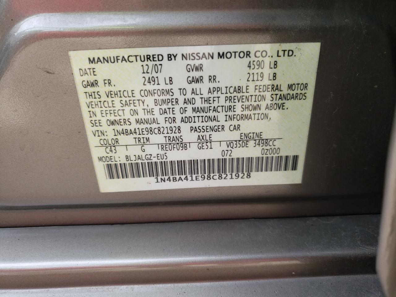 Photo 10 from auction – 2008 NISSAN MAXIMA SE with VIN 1N4BA41E98C821928
