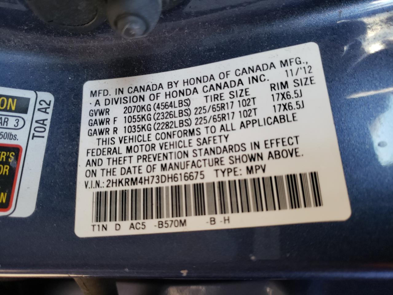 Photo 10 from auction – 2013 HONDA CR-V EXL with VIN 2HKRM4H73DH616675