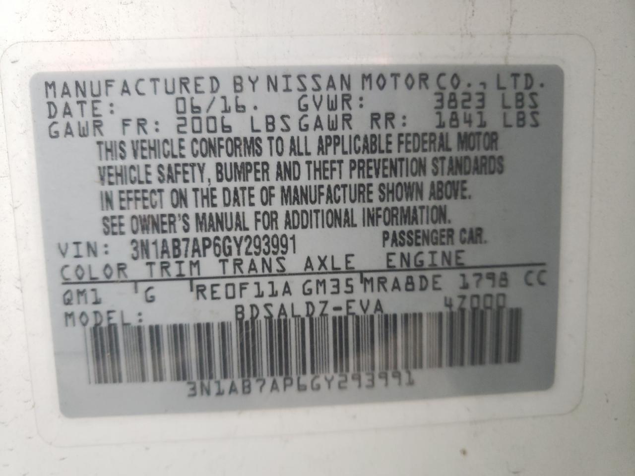 Photo 10 from auction – 2016 NISSAN SENTRA with VIN 3N1AB7AP6GY293991