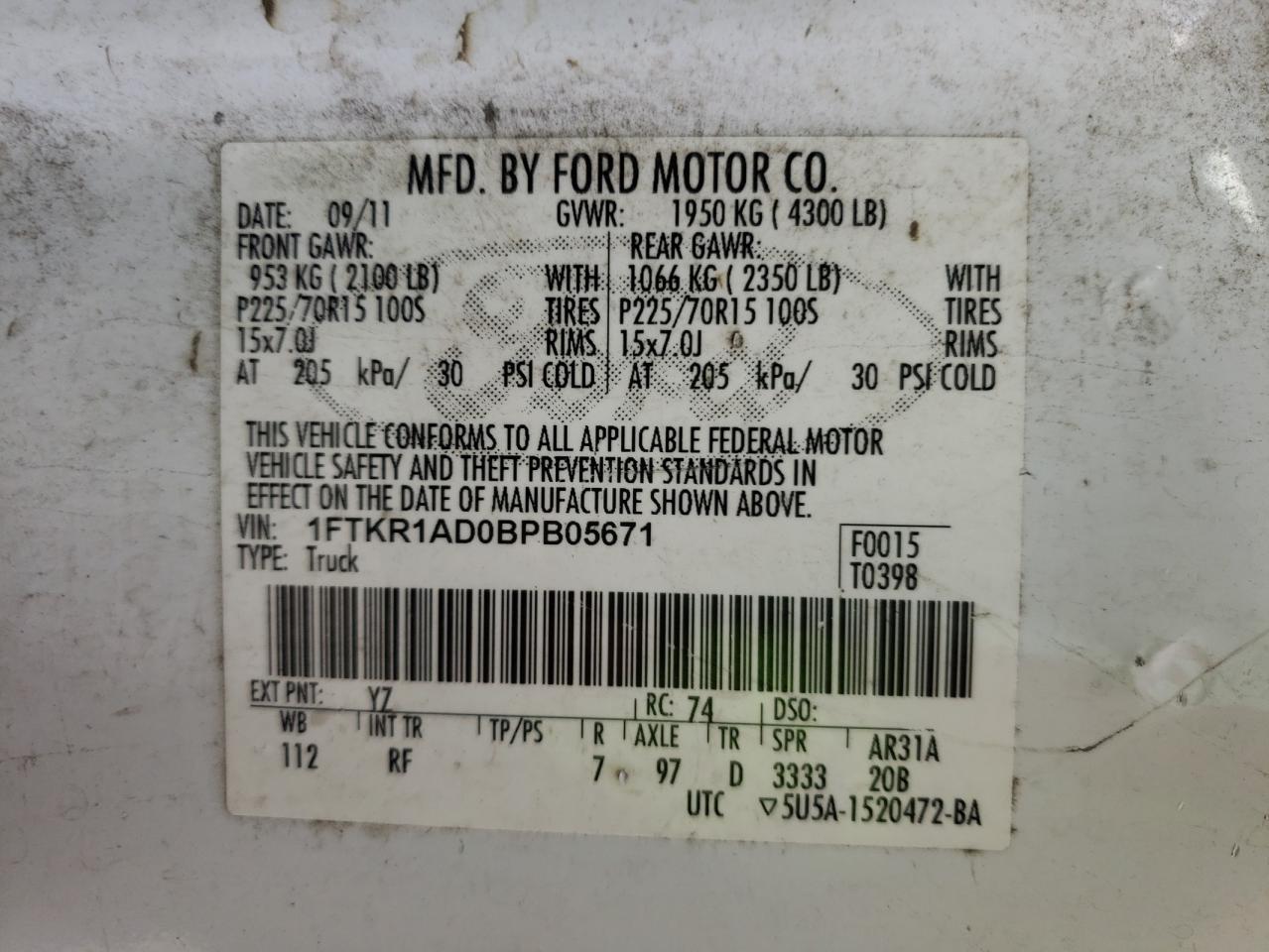 Photo 10 from auction – 2011 FORD RANGER with VIN 1FTKR1AD0BPB05671