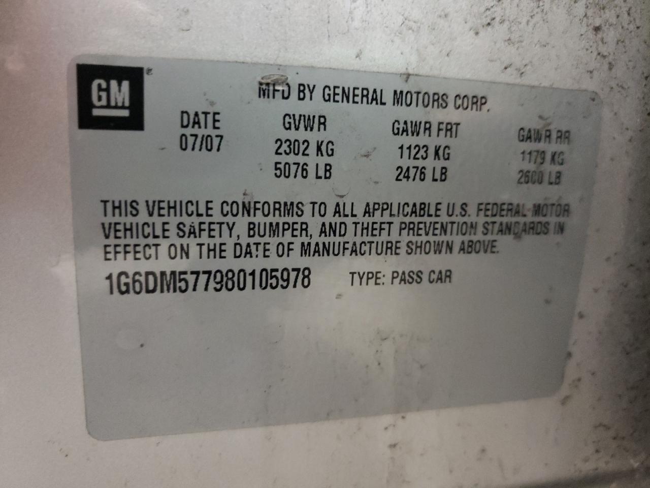 Photo 11 from auction – 2008 CADILLAC CTS with VIN 1G6DM577980105978