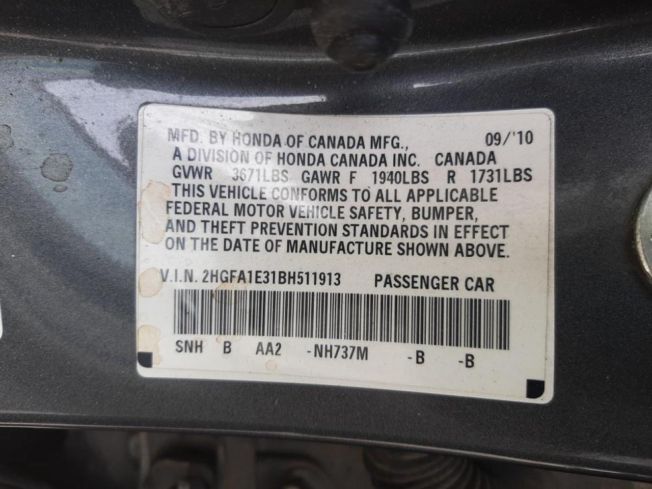 Photo 10 from auction – 2011 HONDA CIVIC VP with VIN 2HGFA1E31BH511913