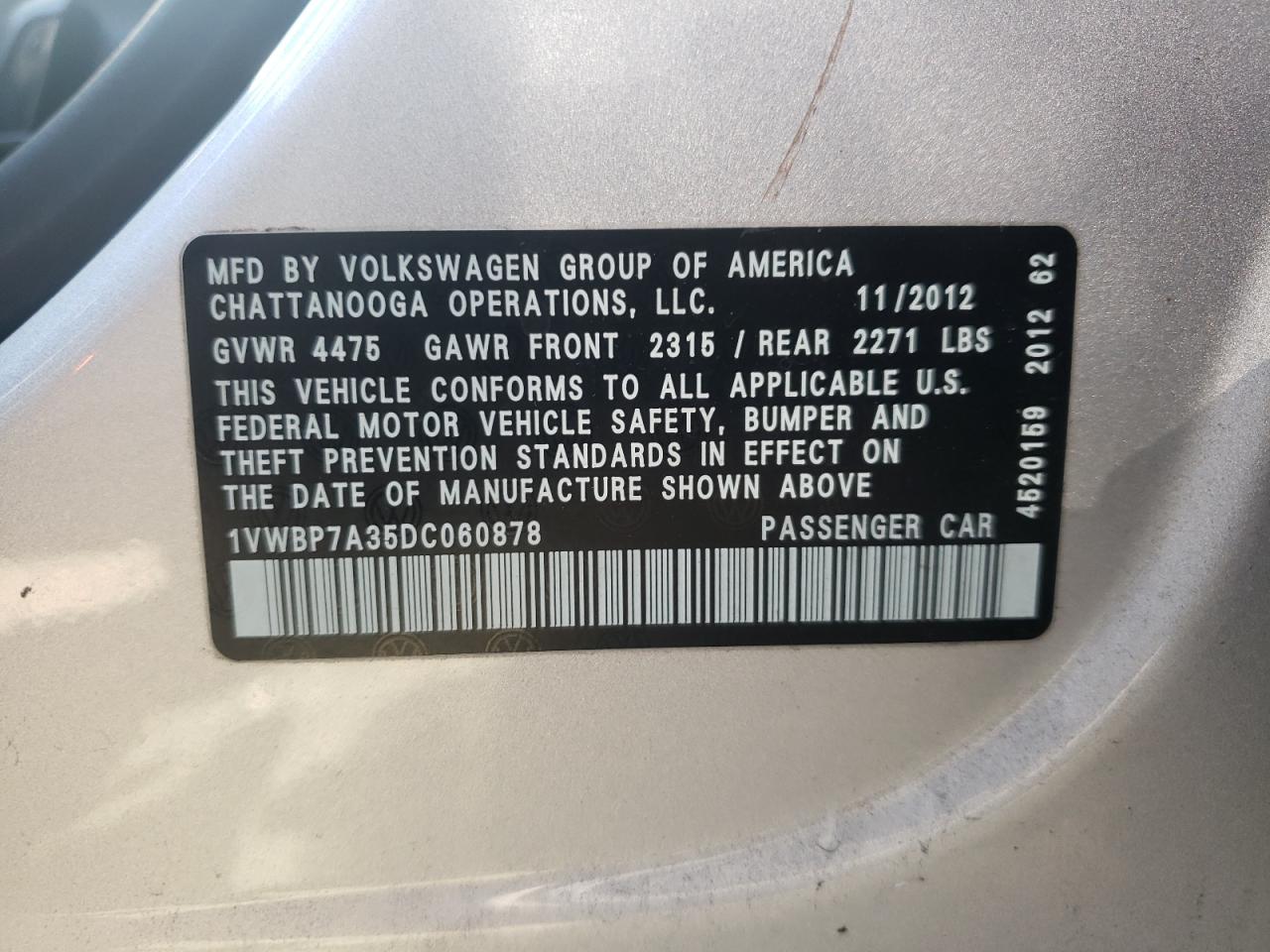 Photo 10 from auction – 2013 VOLKSWAGEN PASSAT SE with VIN 1VWBP7A35DC060878