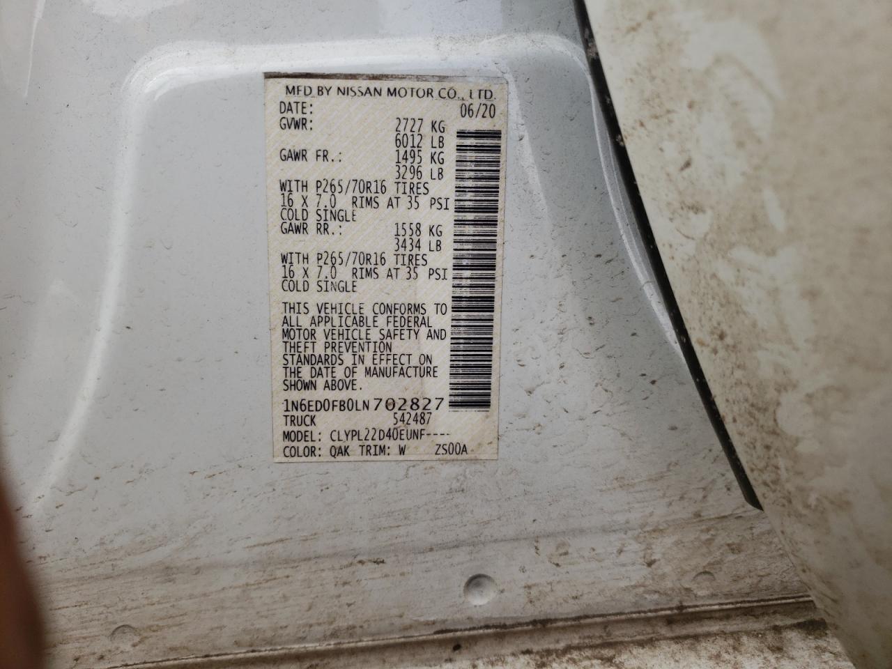 Photo 10 from auction – 2020 NISSAN FRONTIER S with VIN 1N6ED0FB0LN702827