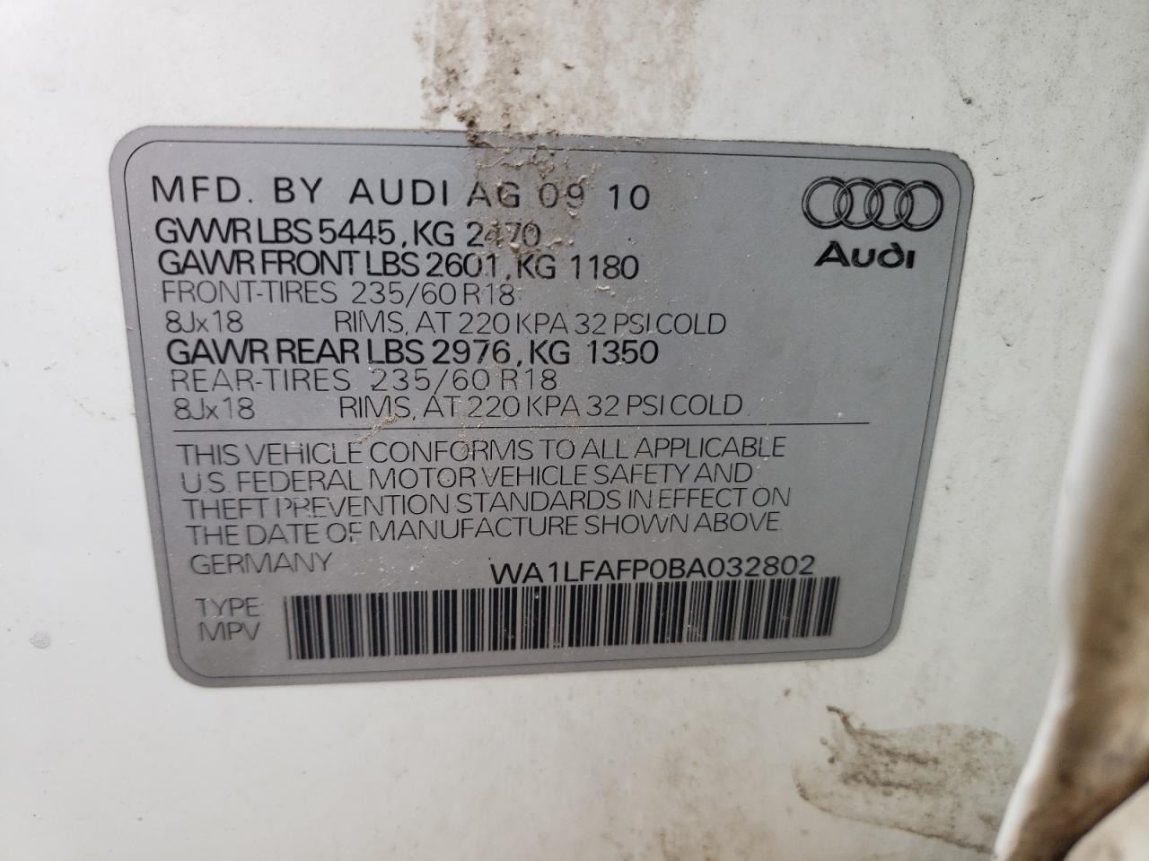 Photo 10 from auction – 2011 AUDI Q5 PREMIUM with VIN WA1LFAFP0BA032802