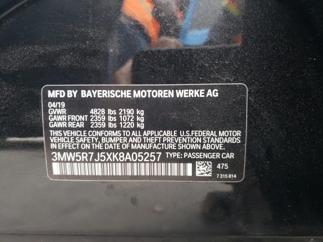 Photo 10 from auction – 2019 BMW 330XI with VIN 3MW5R7J5XK8A05257