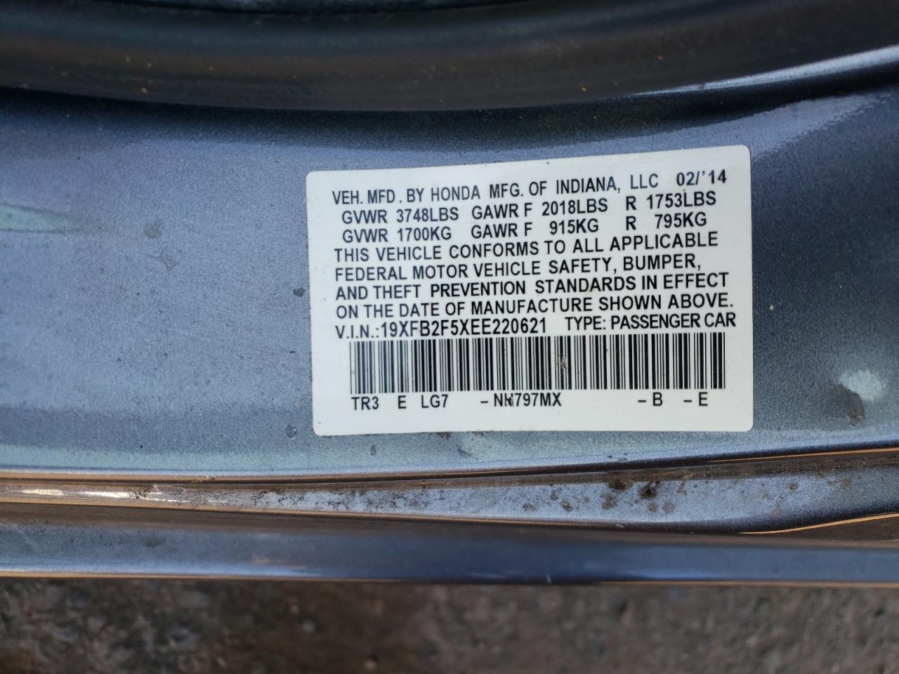Photo 10 from auction – 2014 HONDA CIVIC LX with VIN 19XFB2F5XEE220621