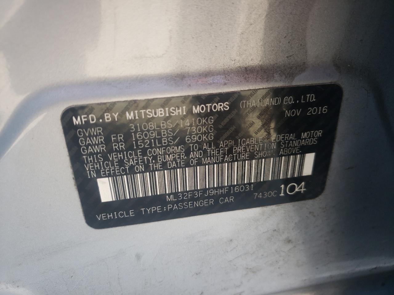 Photo 10 from auction – 2017 MITSUBISHI MIRAGE G4 with VIN ML32F3FJ9HHF16031