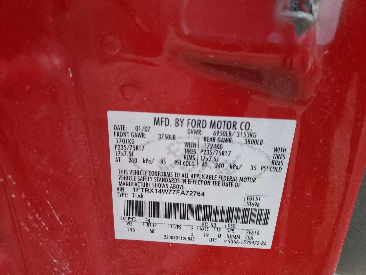 Photo 10 from auction – 2007 FORD F150 with VIN 1FTRX14W77FA72764