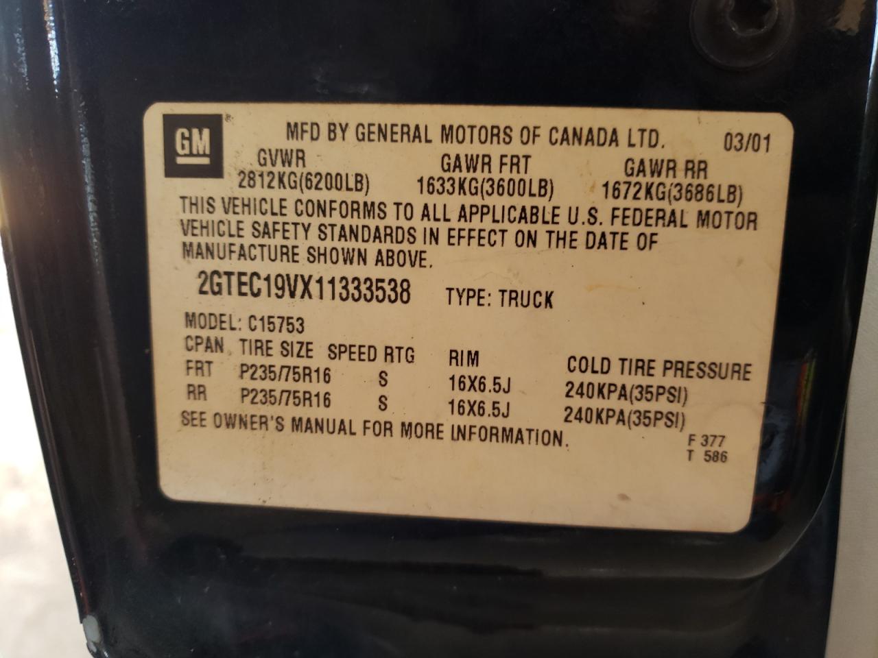 Photo 10 from auction – 2001 GMC NEW SIERRA with VIN 2GTEC19VX11333538