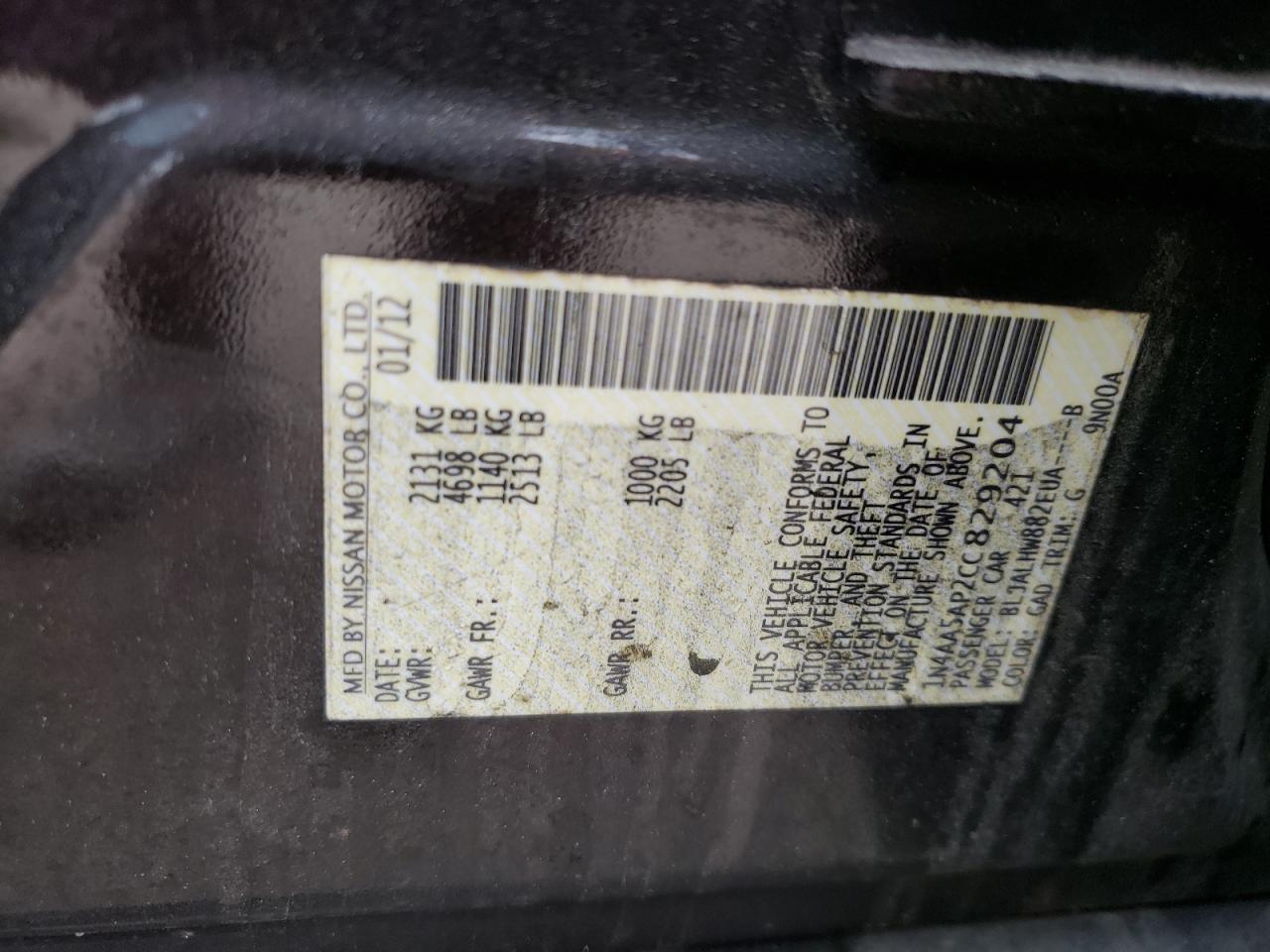 Photo 10 from auction – 2012 NISSAN MAXIMA S with VIN 1N4AA5AP2CC829204