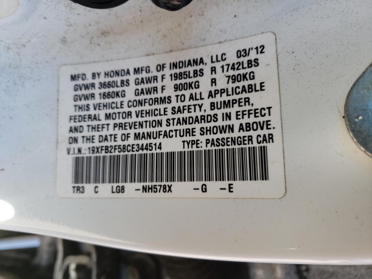 Photo 10 from auction – 2012 HONDA CIVIC LX with VIN 19XFB2F58CE344514
