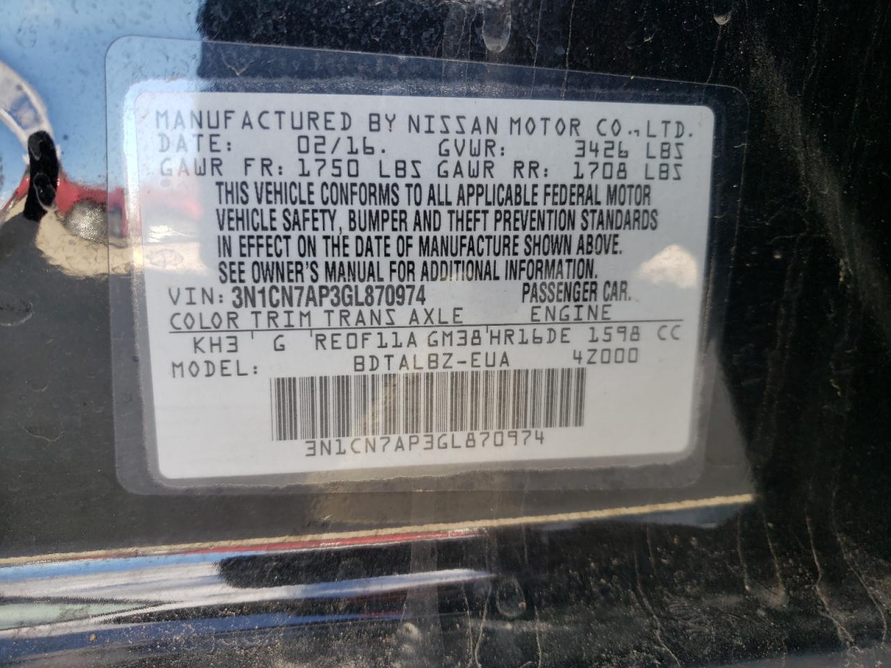 Photo 10 from auction – 2016 NISSAN VERSA S with VIN 3N1CN7AP3GL870974