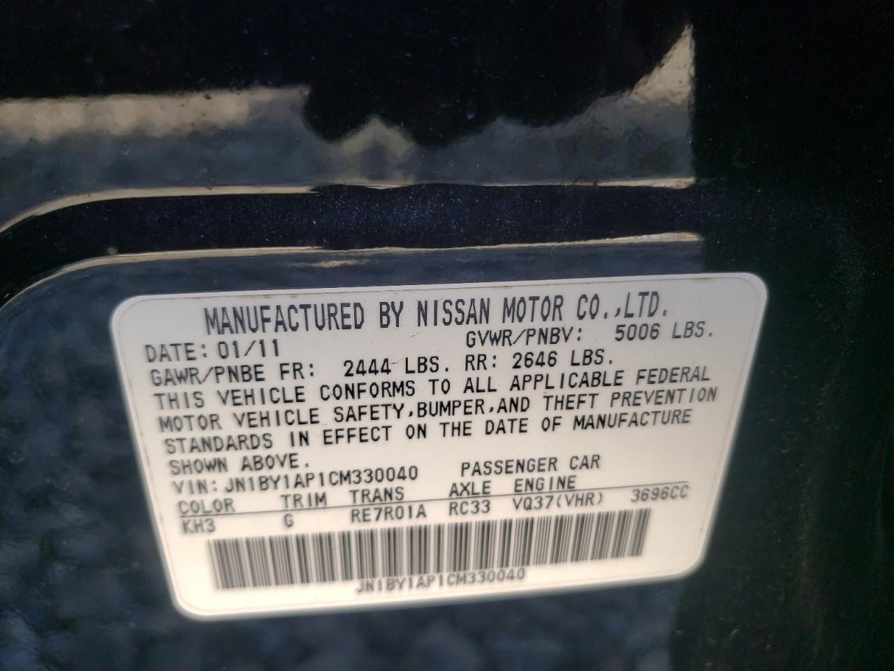 Photo 10 from auction – 2012 INFINITI M37 with VIN JN1BY1AP1CM330040