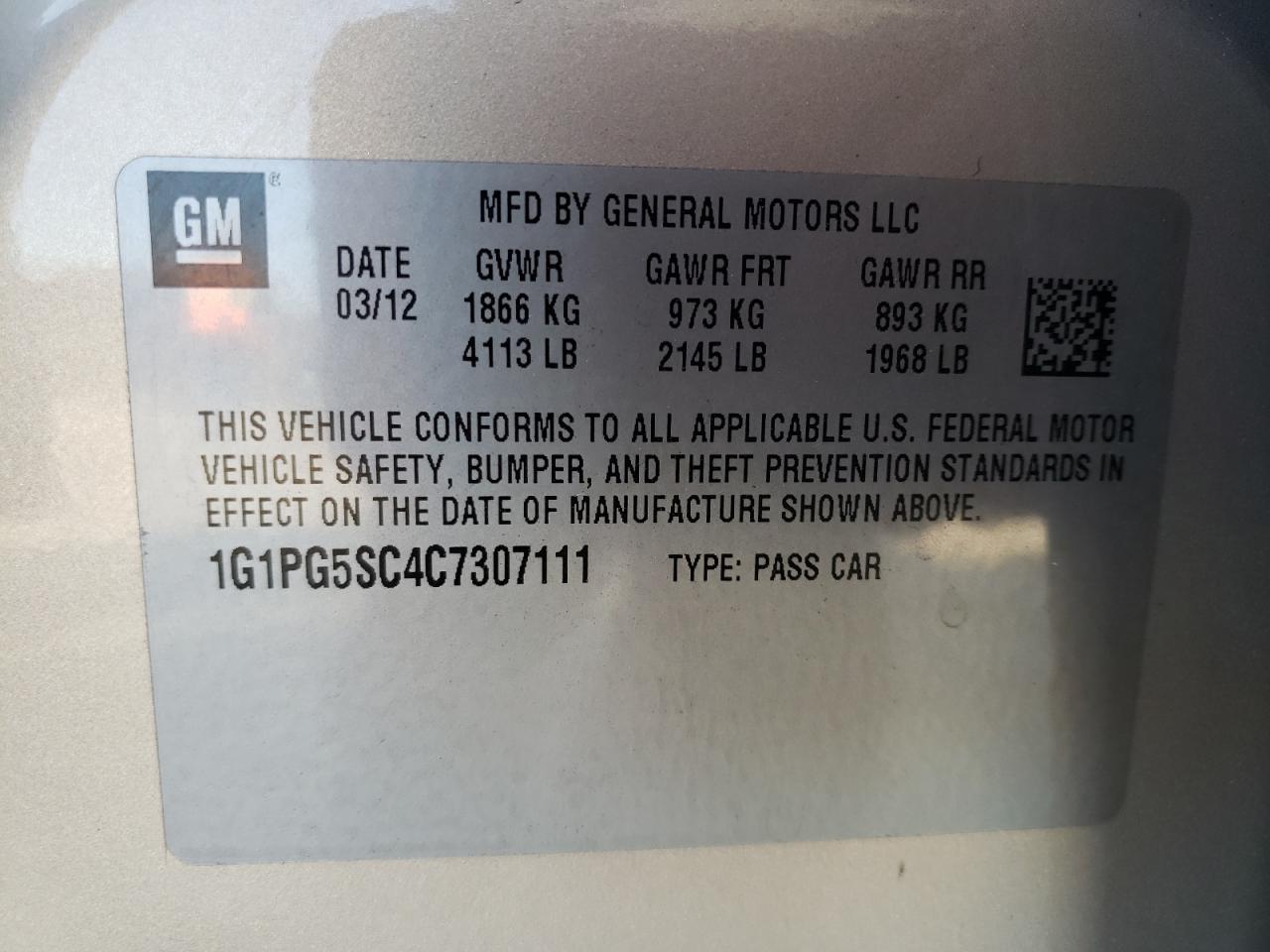 Photo 10 from auction – 2012 CHEVROLET CRUZE LT with VIN 1G1PG5SC4C7307111