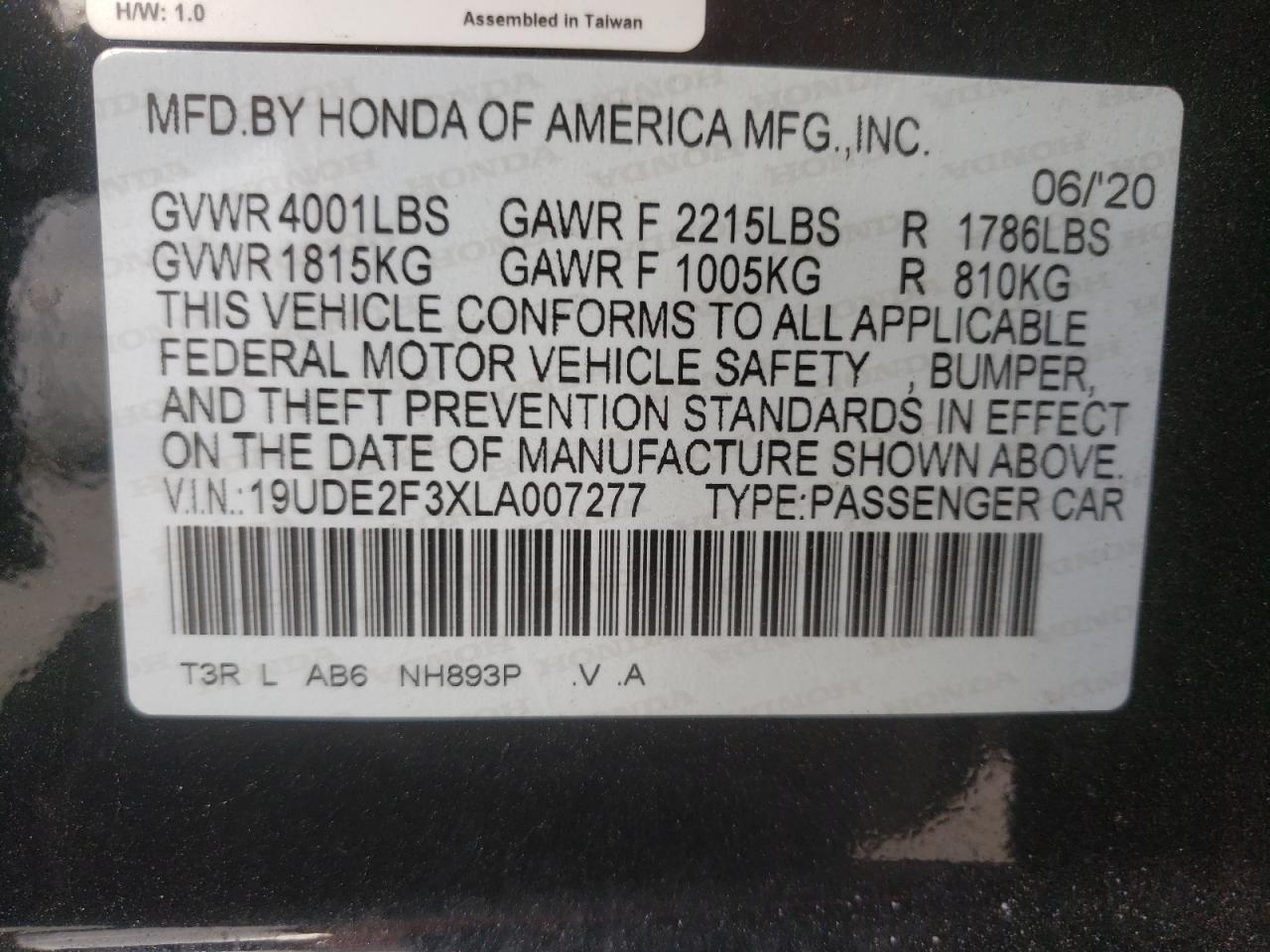 Photo 10 from auction – 2020 ACURA ILX with VIN 19UDE2F3XLA007277