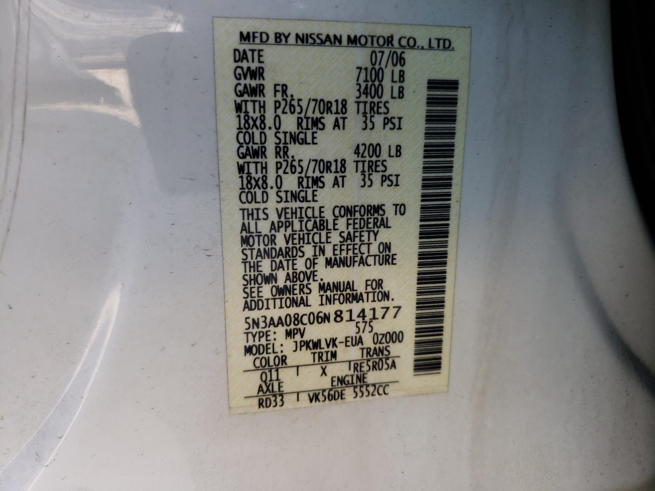 Photo 10 from auction – 2006 INFINITI QX56 with VIN 5N3AA08C06N814177