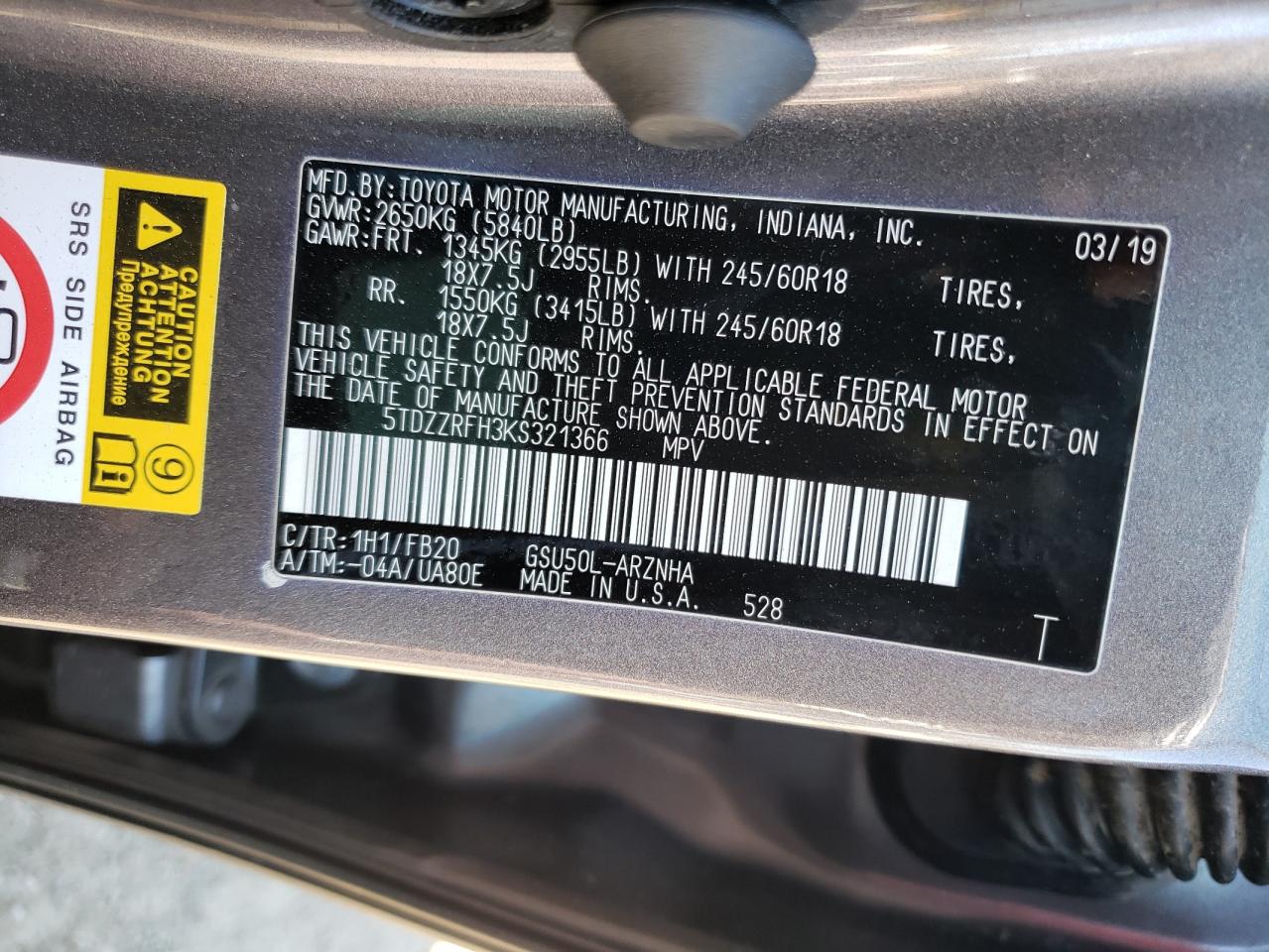 Photo 10 from auction – 2019 TOYOTA HIGHLANDER with VIN 5TDZZRFH3KS321366