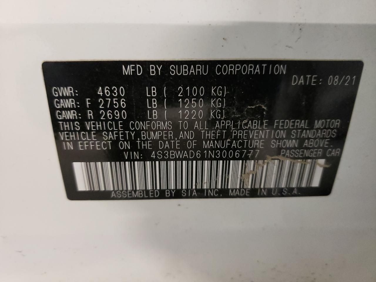 Photo 10 from auction – 2022 SUBARU LEGACY PRE with VIN 4S3BWAD61N3006777