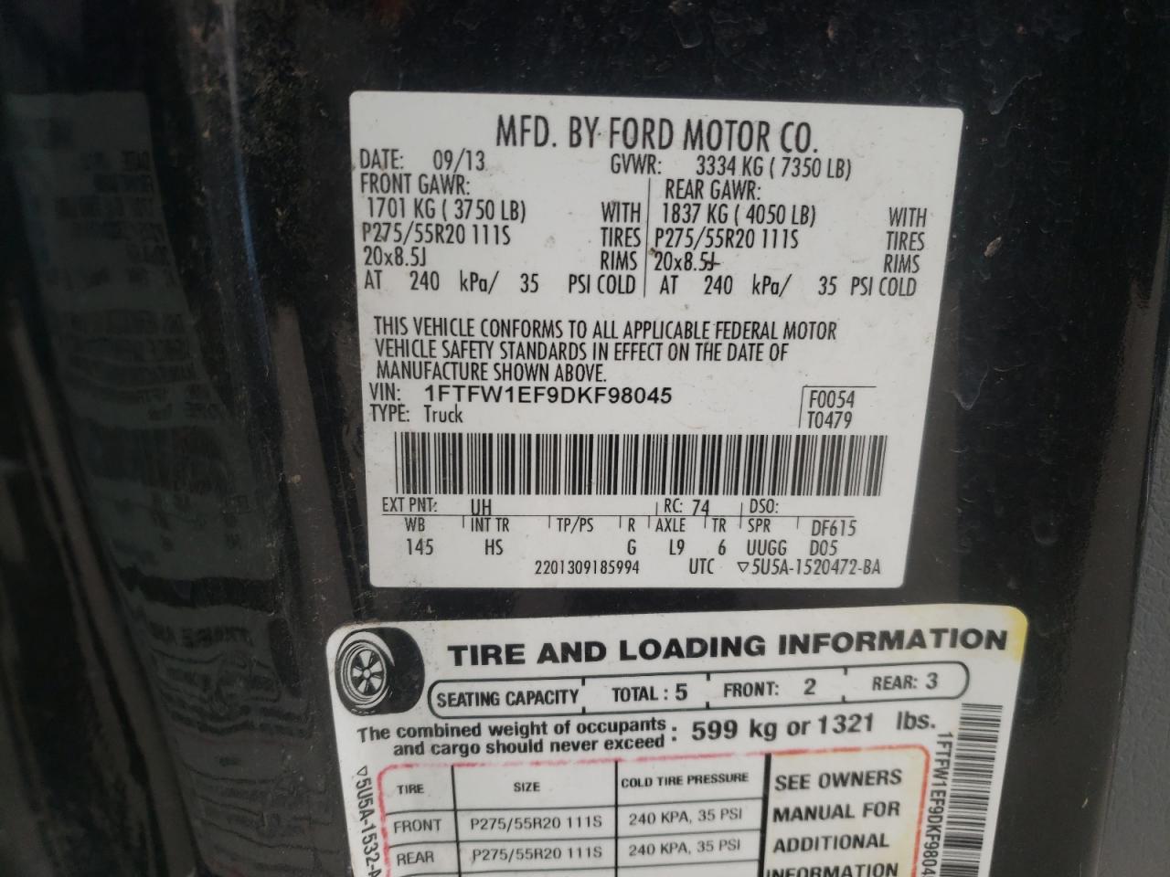 Photo 10 from auction – 2013 FORD F150 SUPER with VIN 1FTFW1EF9DKF98045