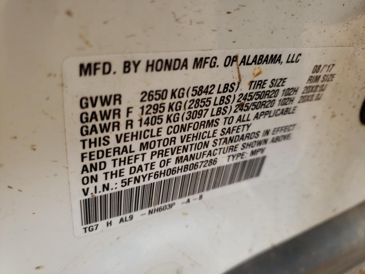 Photo 10 from auction – 2017 HONDA PILOT ELIT with VIN 5FNYF6H06HB067286