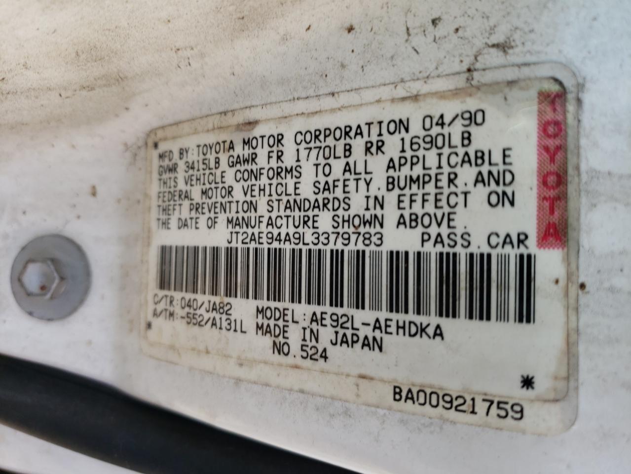 Photo 10 from auction – 1990 TOYOTA COROLLA DL with VIN JT2AE94A9L3379783