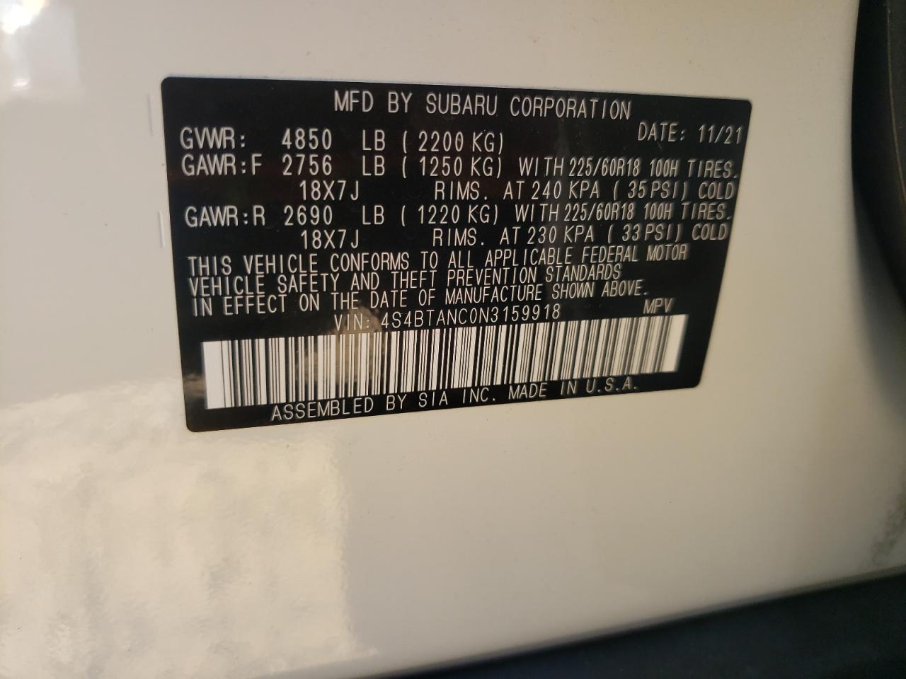 Photo 10 from auction – 2022 SUBARU OUTBACK LI with VIN 4S4BTANC0N3159918