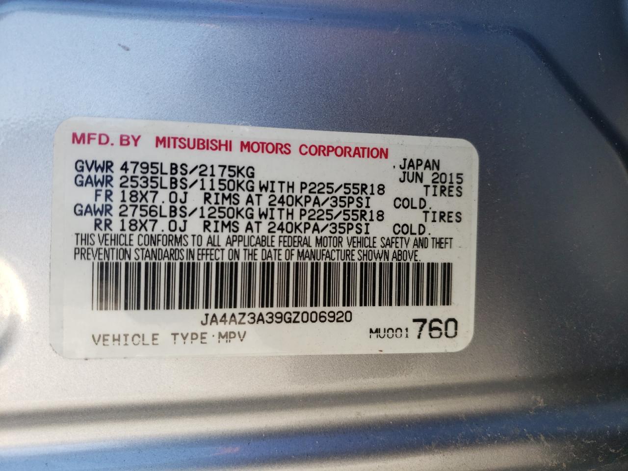 Photo 10 from auction – 2016 MITSUBISHI OUTLANDER with VIN JA4AZ3A39GZ006920