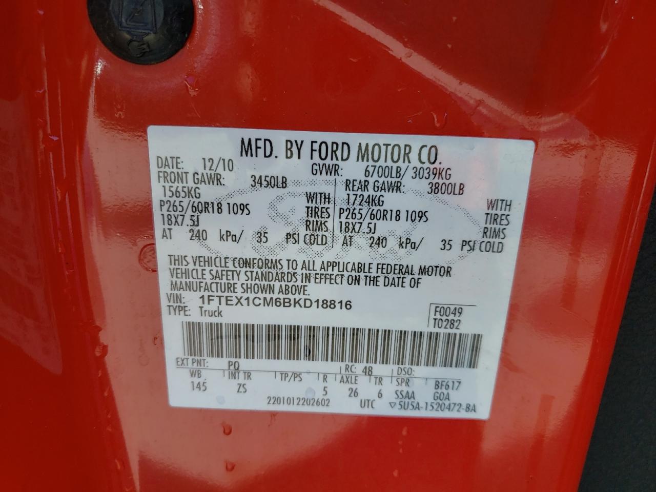 Photo 10 from auction – 2011 FORD F150 SUPER with VIN 1FTEX1CM6BKD18816