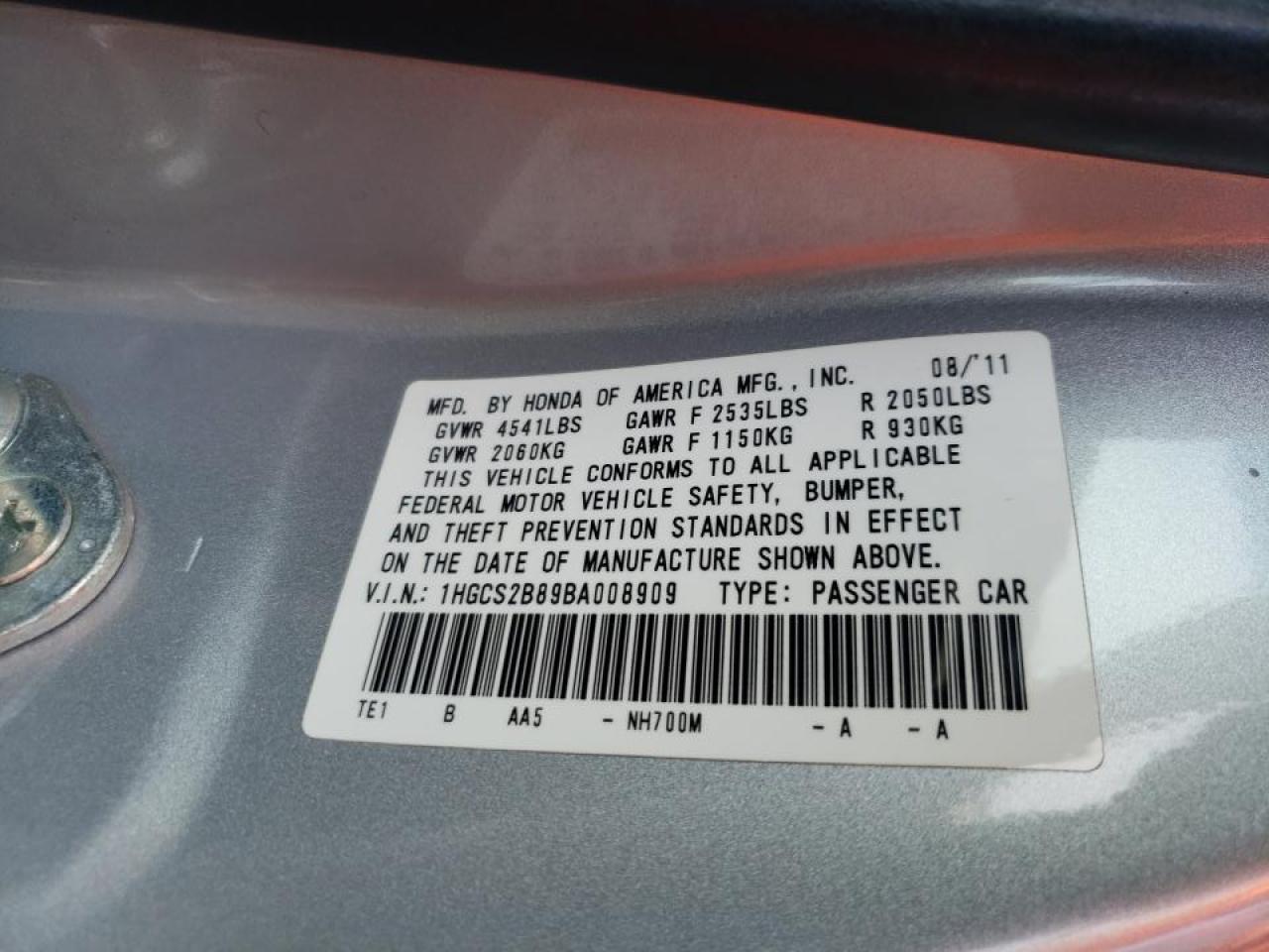 Photo 10 from auction – 2011 HONDA ACCORD EXL with VIN 1HGCS2B89BA008909