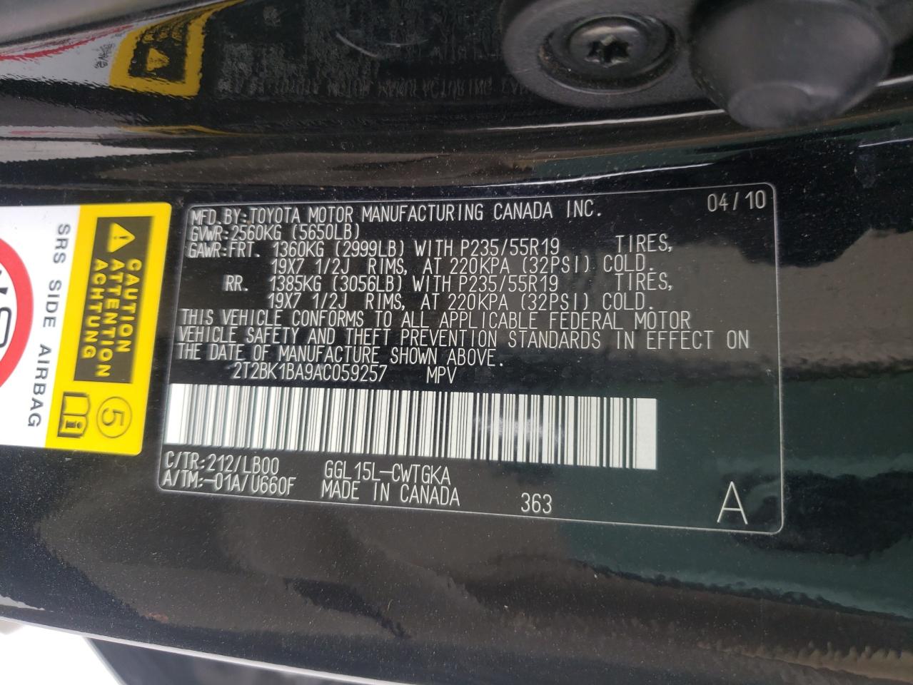 Photo 10 from auction – 2010 LEXUS RX 350 with VIN 2T2BK1BA9AC059257