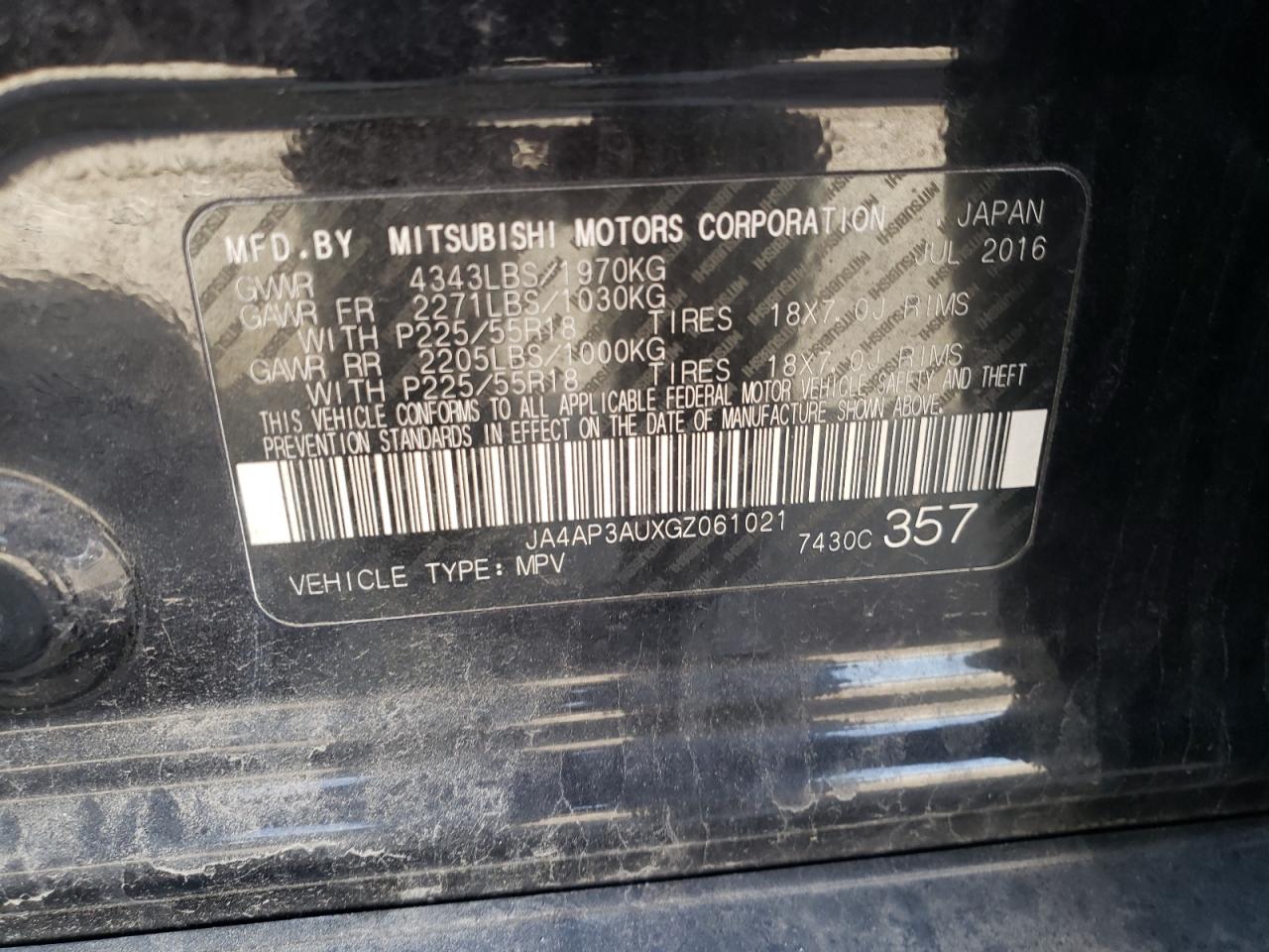 Photo 10 from auction – 2016 MITSUBISHI OUTLANDER with VIN JA4AP3AUXGZ061021