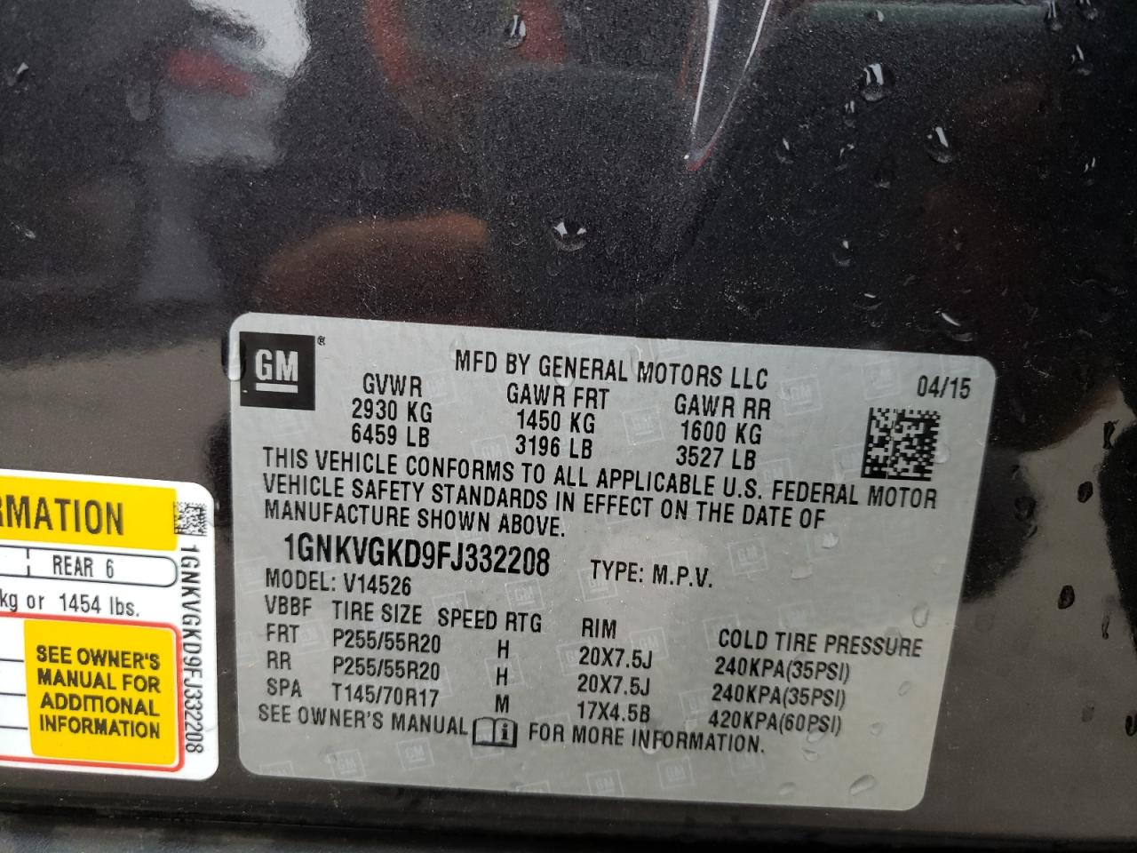 Photo 10 from auction – 2015 CHEVROLET TRAVERSE L with VIN 1GNKVGKD9FJ332208