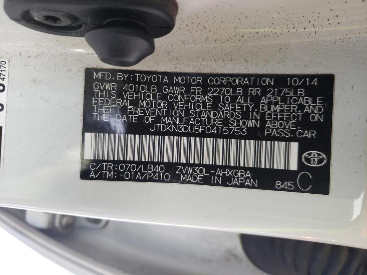 Photo 10 from auction – 2015 TOYOTA PRIUS with VIN JTDKN3DU5F0415753