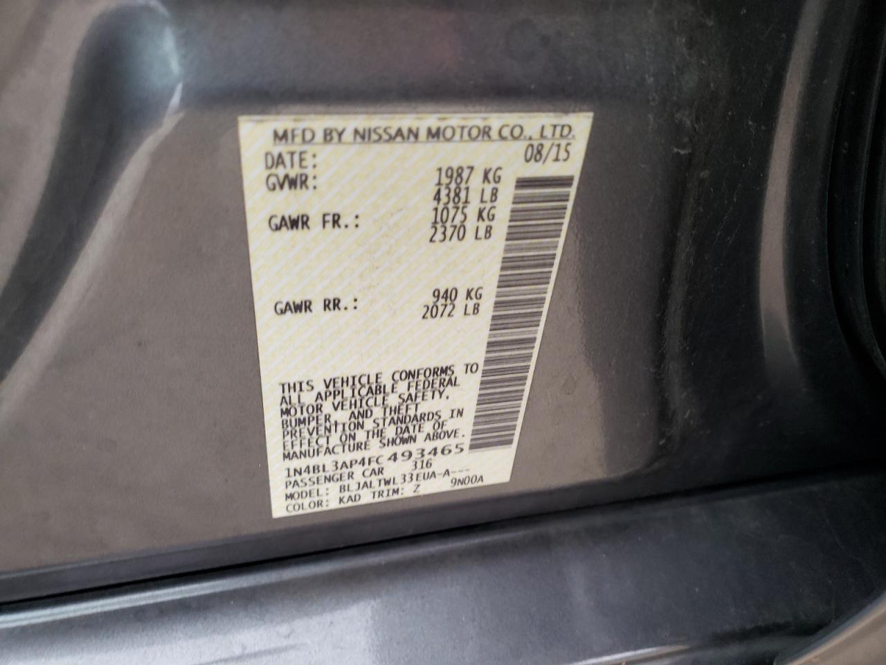 Photo 10 from auction – 2015 NISSAN ALTIMA 3.5 with VIN 1N4BL3AP4FC493465