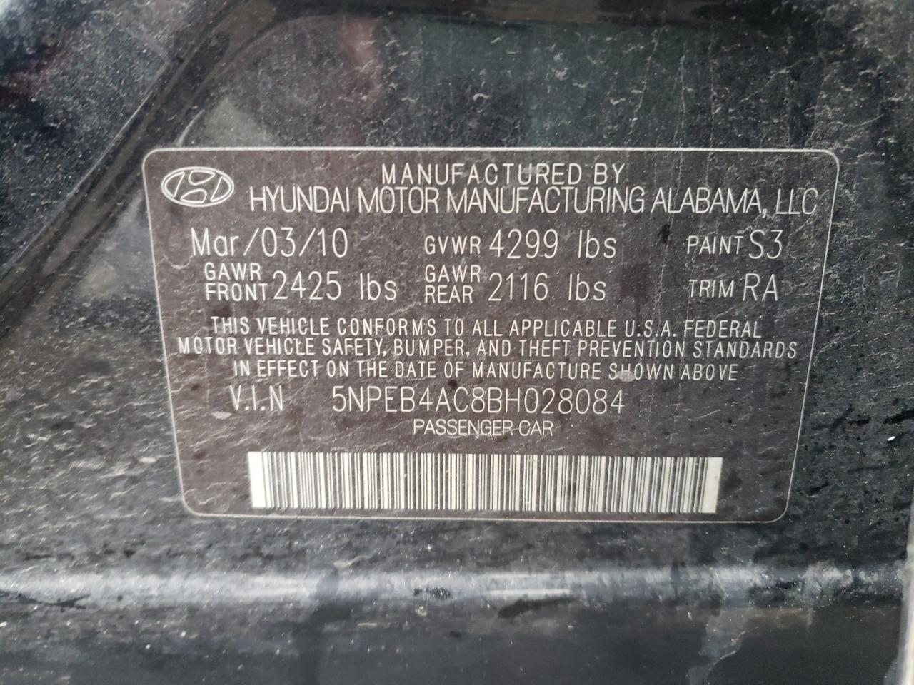 Photo 10 from auction – 2011 HYUNDAI SONATA GLS with VIN 5NPEB4AC8BH028084