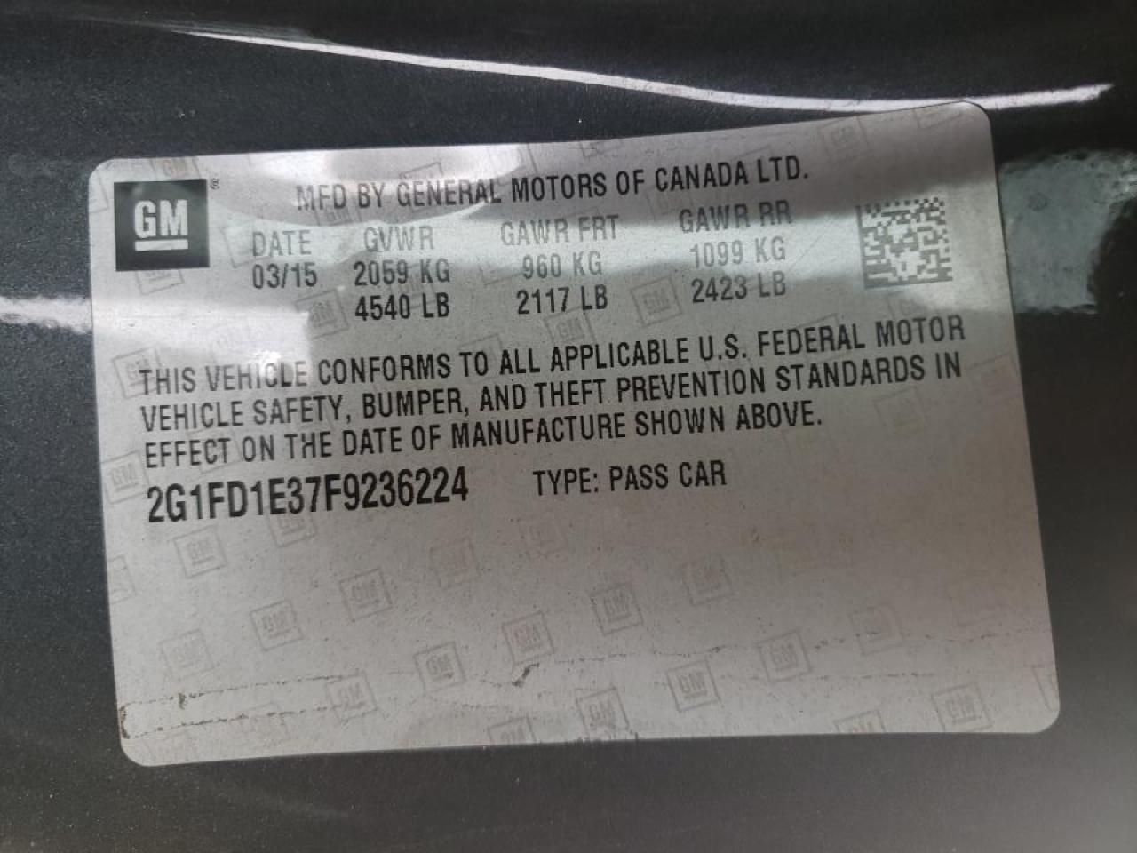 Photo 10 from auction – 2015 CHEVROLET CAMARO LT with VIN 2G1FD1E37F9236224