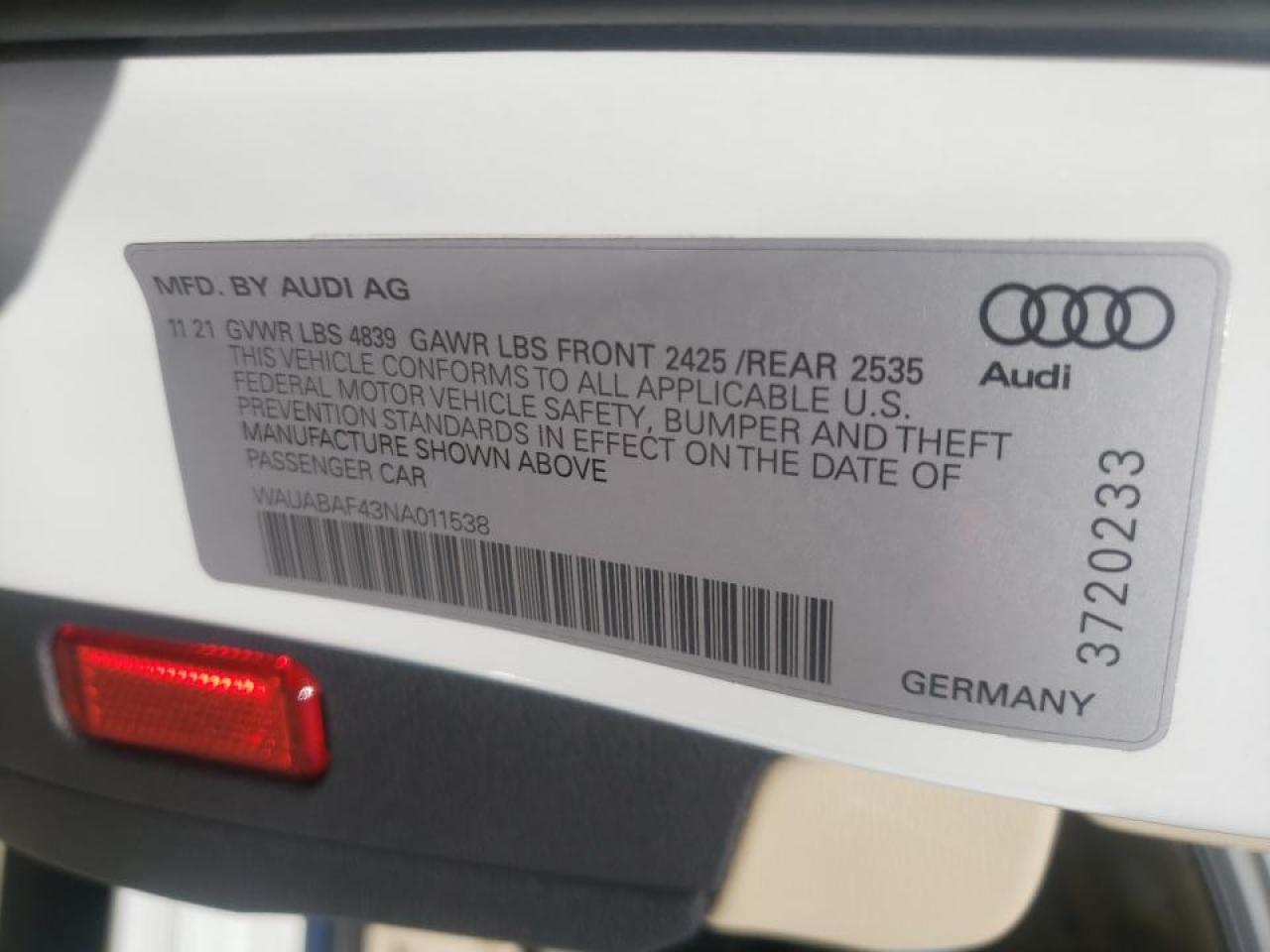 Photo 10 from auction – 2022 AUDI A4 PREMIUM with VIN WAUABAF43NA011538