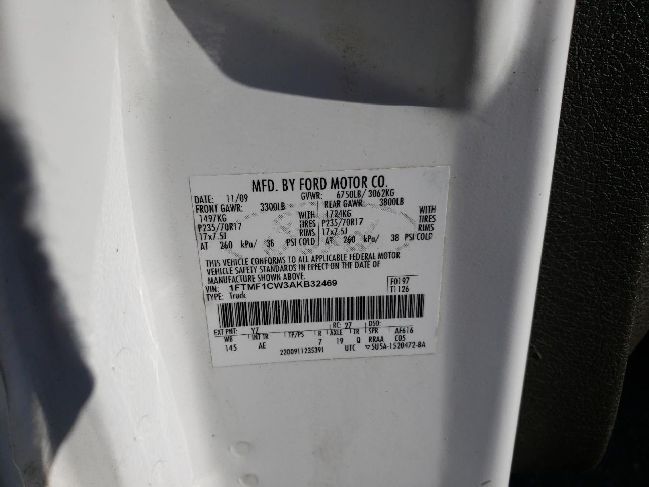 Photo 10 from auction – 2010 FORD F150 with VIN 1FTMF1CW3AKB32469