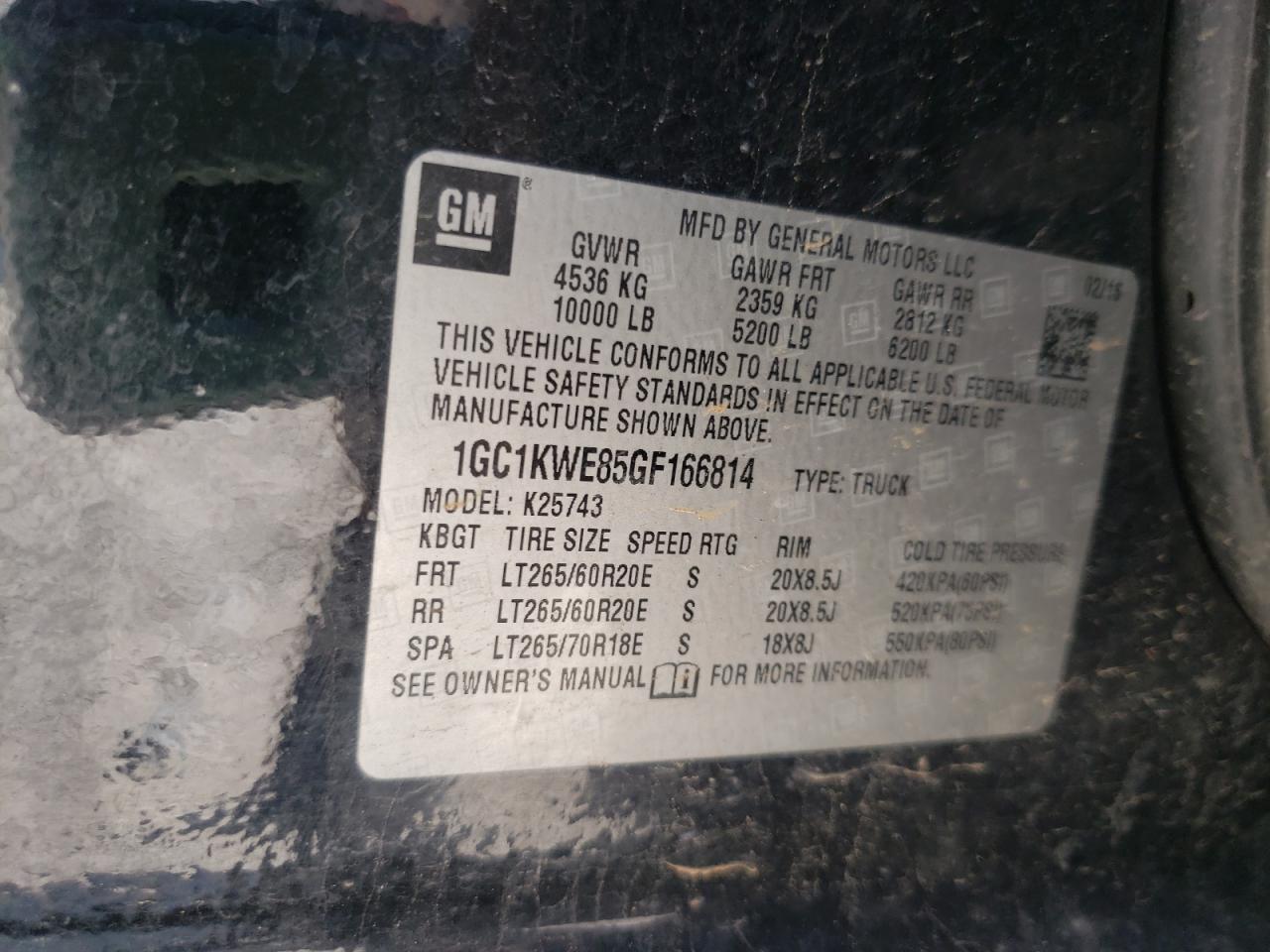 Photo 10 from auction – 2016 CHEVROLET SILVERADO with VIN 1GC1KWE85GF166814