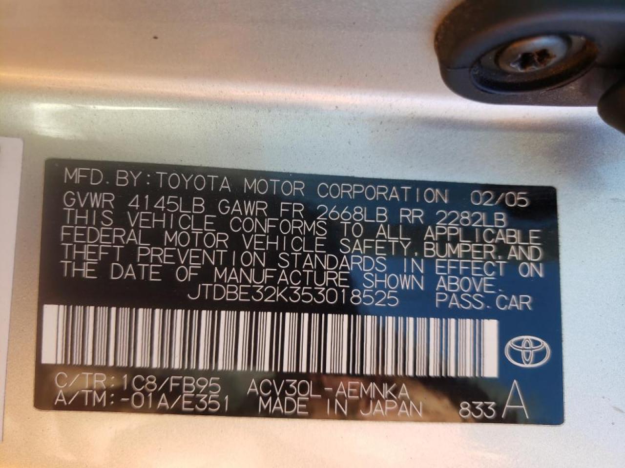 Photo 10 from auction – 2005 TOYOTA CAMRY LE with VIN JTDBE32K353018525